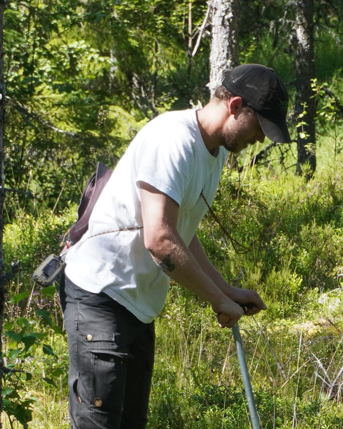 Elias Bandh Kero taking a soil sample in a pine forest
